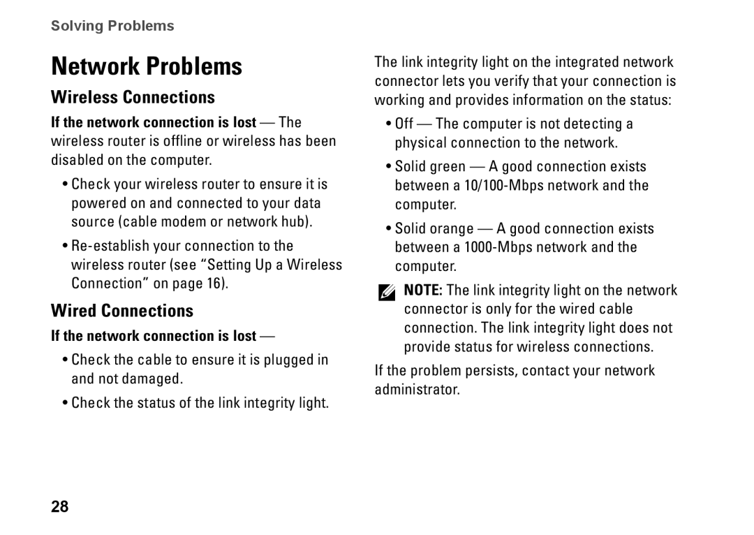 Dell 8XCH8 Network Problems, Wireless Connections, Wired Connections, Solving Problems, If the network connection is lost 