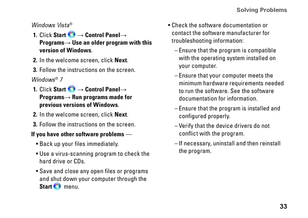 Dell 580s, DCSLF, 08XCH8A00 setup guide Start menu, Windows Vista, Solving Problems 