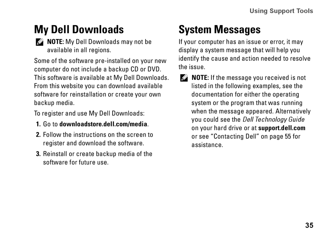 Dell 08XCH8A00, DCSLF, 580s My Dell Downloads, System Messages, Go to downloadstore.dell.com/media, Using Support Tools 
