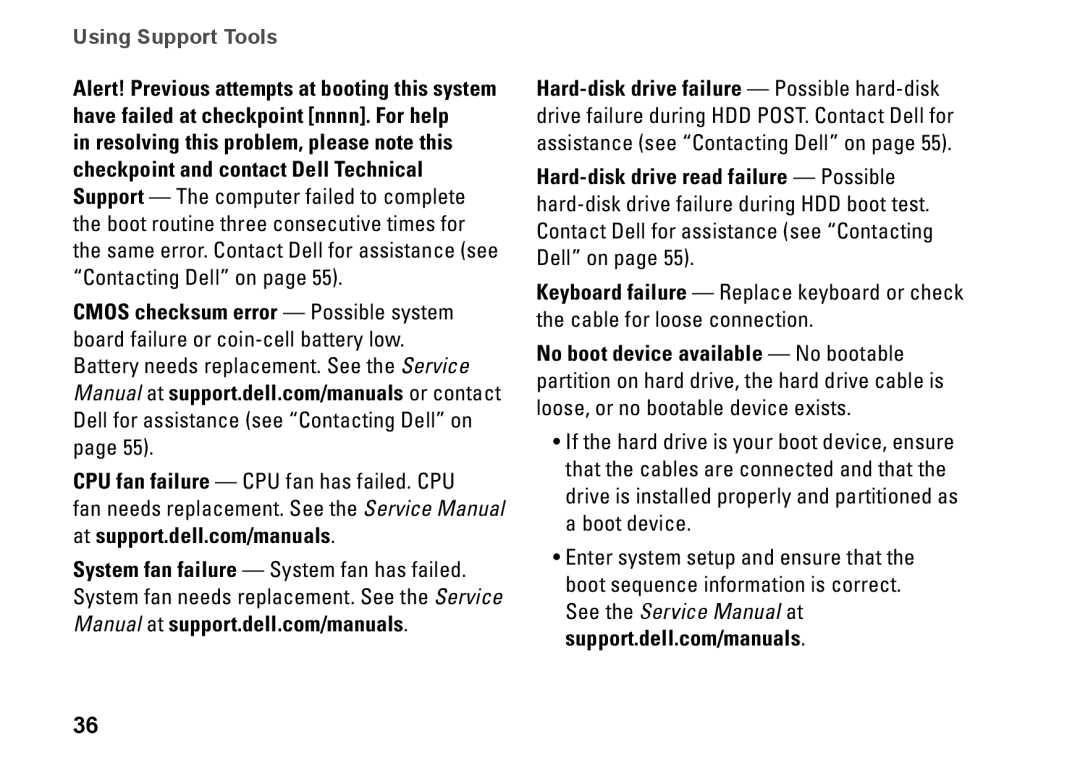 Dell DCSLF, 08XCH8A00, 580s setup guide Using Support Tools, CPU fan failure - CPU fan has failed. CPU 