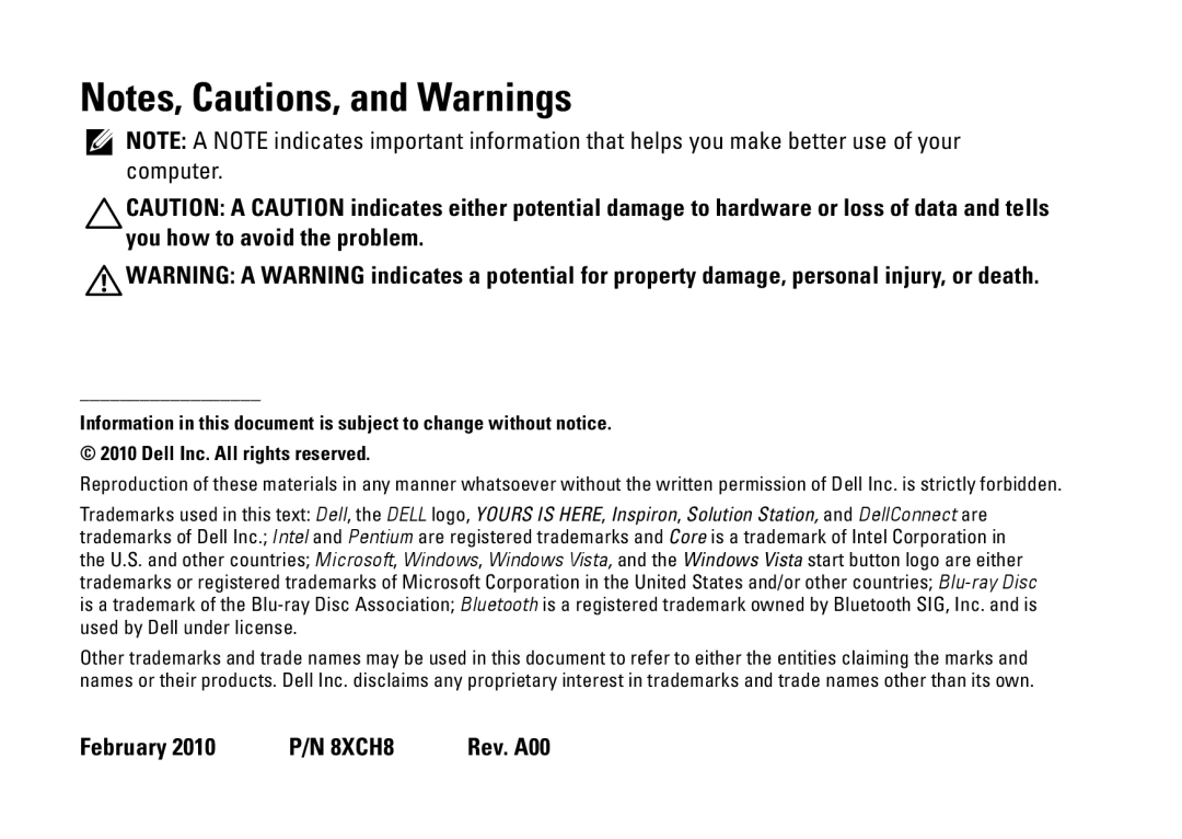 Dell DCSLF, 08XCH8A00, 580s setup guide Notes, Cautions, and Warnings, February 2010 P/N 8XCH8 Rev. A00 