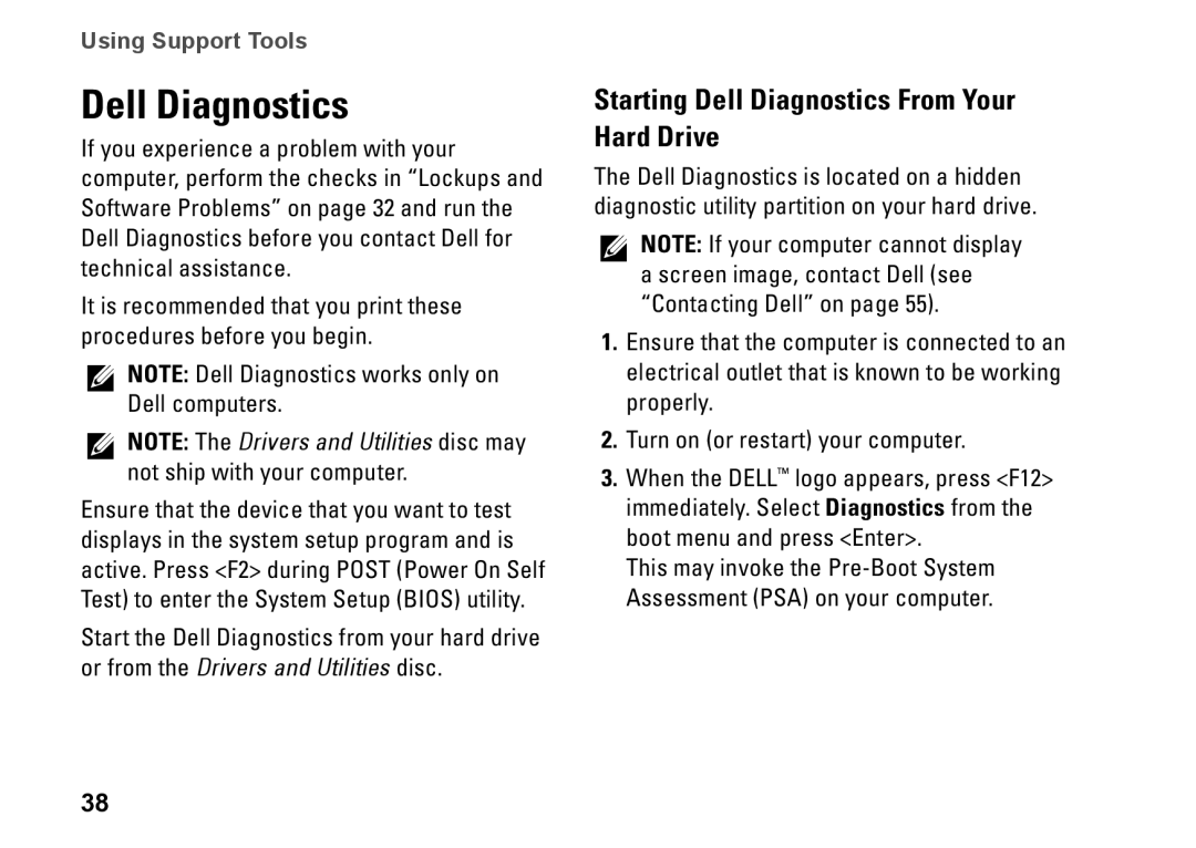 Dell DCSLF, 08XCH8A00, 580s setup guide Starting Dell Diagnostics From Your Hard Drive, Using Support Tools 