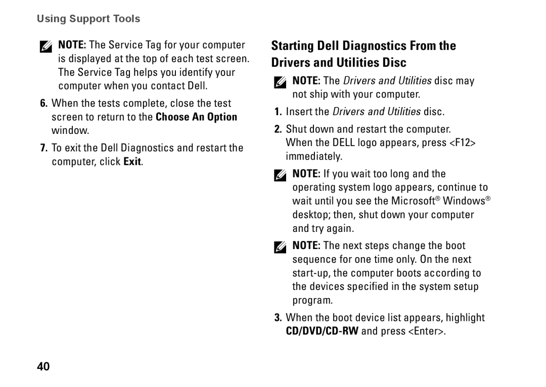 Dell 8XCH8, DCSLF Starting Dell Diagnostics From the Drivers and Utilities Disc, Insert the Drivers and Utilities disc 