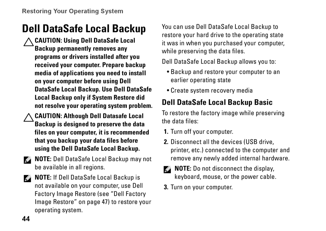 Dell DCSLF, 08XCH8A00, 580s setup guide Dell DataSafe Local Backup Basic, Restoring Your Operating System 