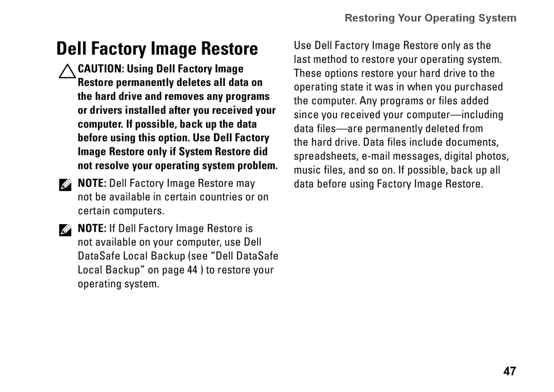 Dell 08XCH8A00, DCSLF, 580s setup guide Dell Factory Image Restore, Restoring Your Operating System 