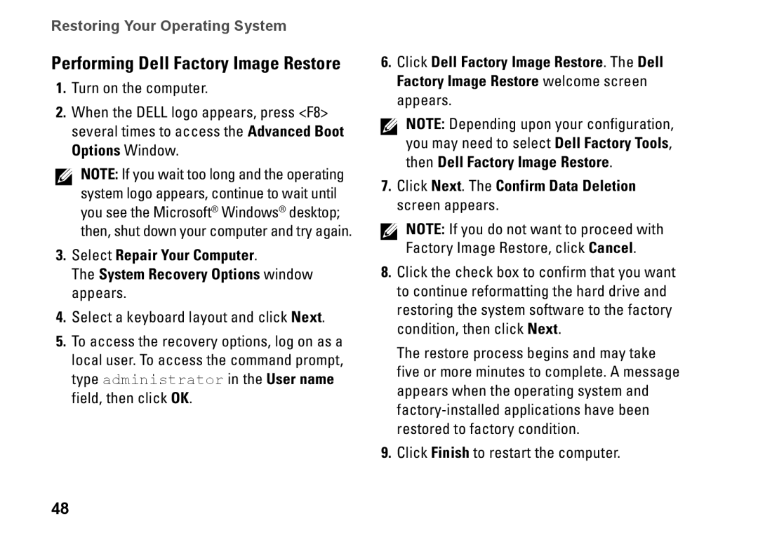 Dell 8XCH8 Performing Dell Factory Image Restore, Select Repair Your Computer, The System Recovery Options window appears 