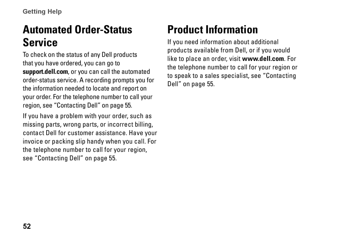 Dell DCSLF, 08XCH8A00, 580s setup guide Product Information, Automated Order-Status Service, Getting Help 