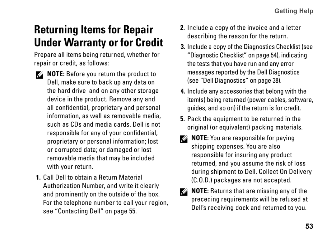 Dell 580s, DCSLF, 08XCH8A00 setup guide Returning Items for Repair Under Warranty or for Credit, Getting Help 