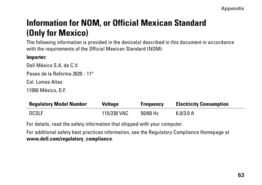 Dell 08XCH8A00 Information for NOM, or Official Mexican Standard Only for Mexico, Appendix, Importer, Voltage, Frequency 