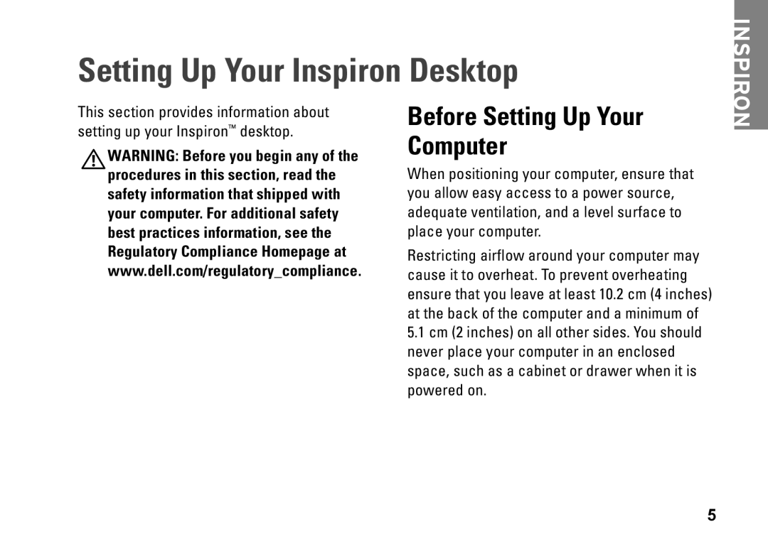 Dell 580s, DCSLF, 08XCH8A00 setup guide Setting Up Your Inspiron Desktop, Before Setting Up Your Computer 