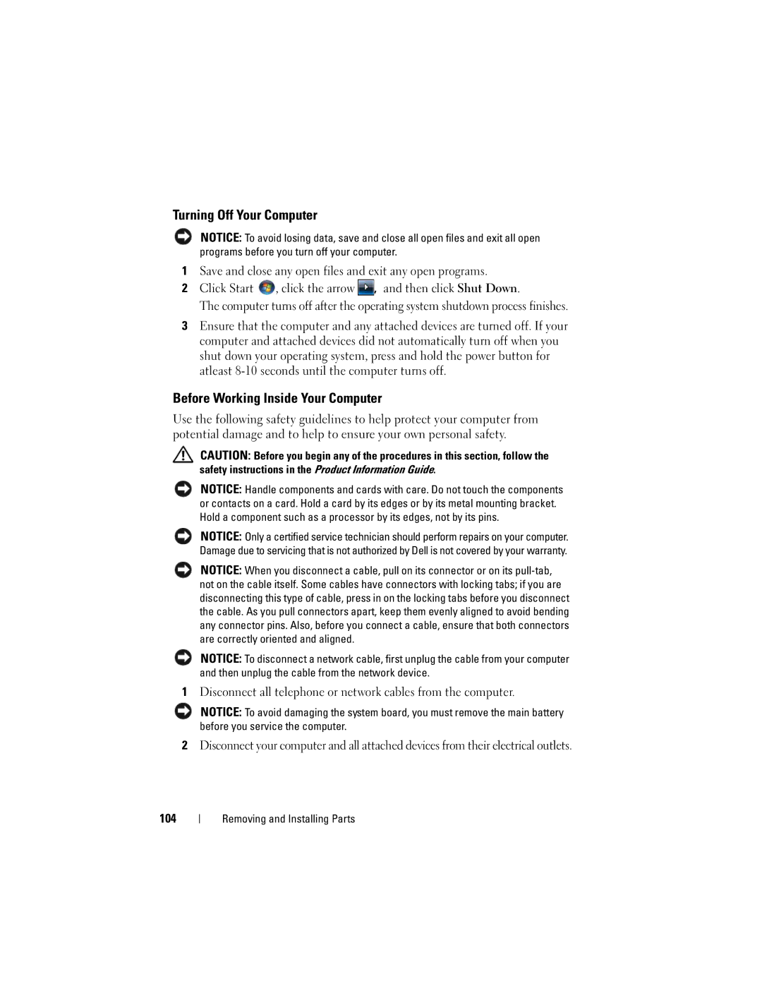 Dell DCSLF owner manual Turning Off Your Computer, Before Working Inside Your Computer 