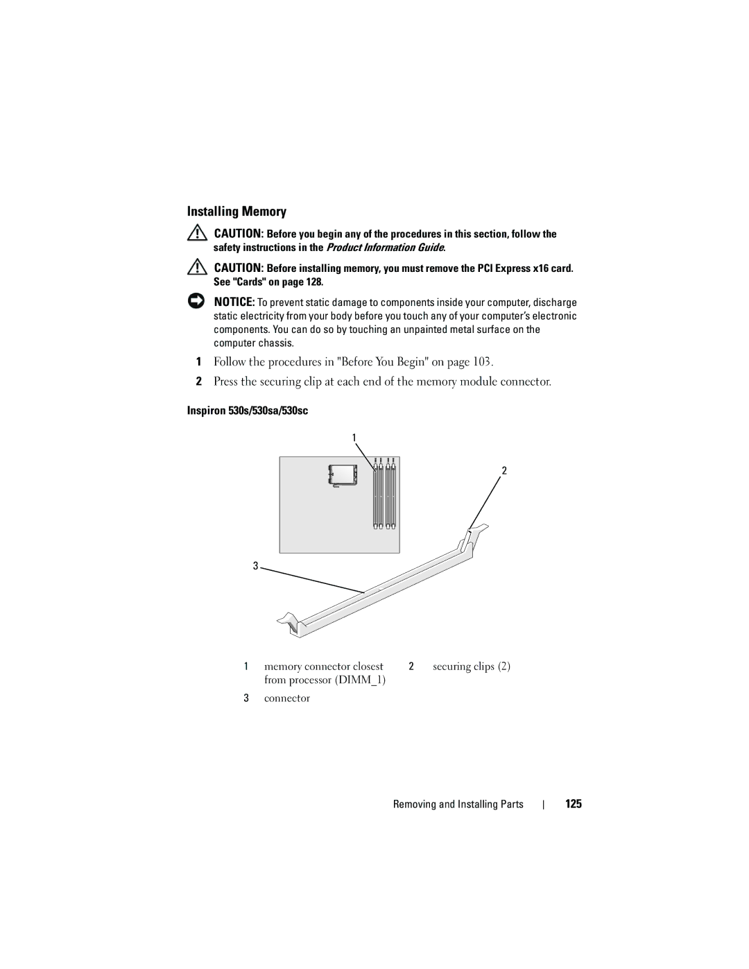 Dell DCSLF owner manual Installing Memory, 125 