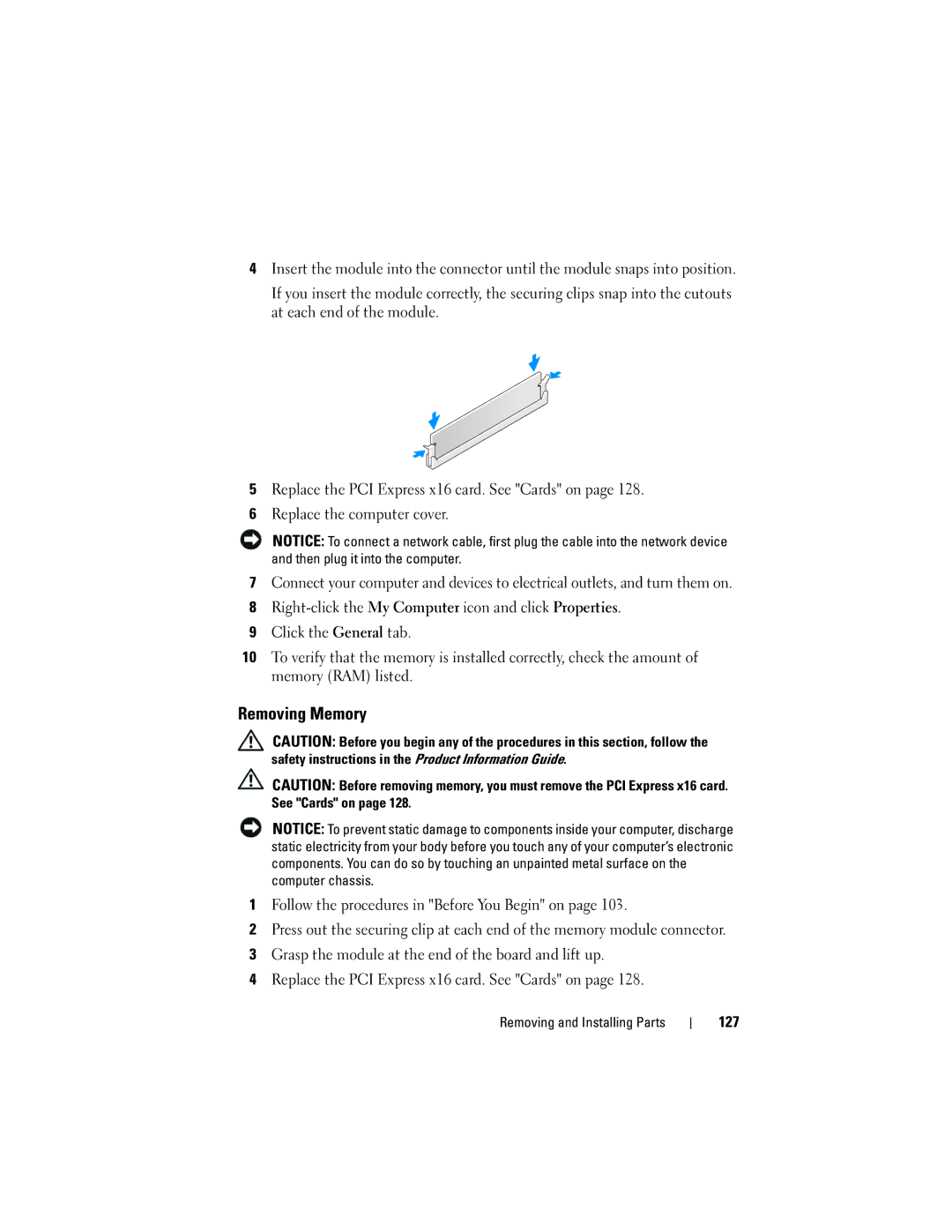 Dell DCSLF owner manual Removing Memory, 127 