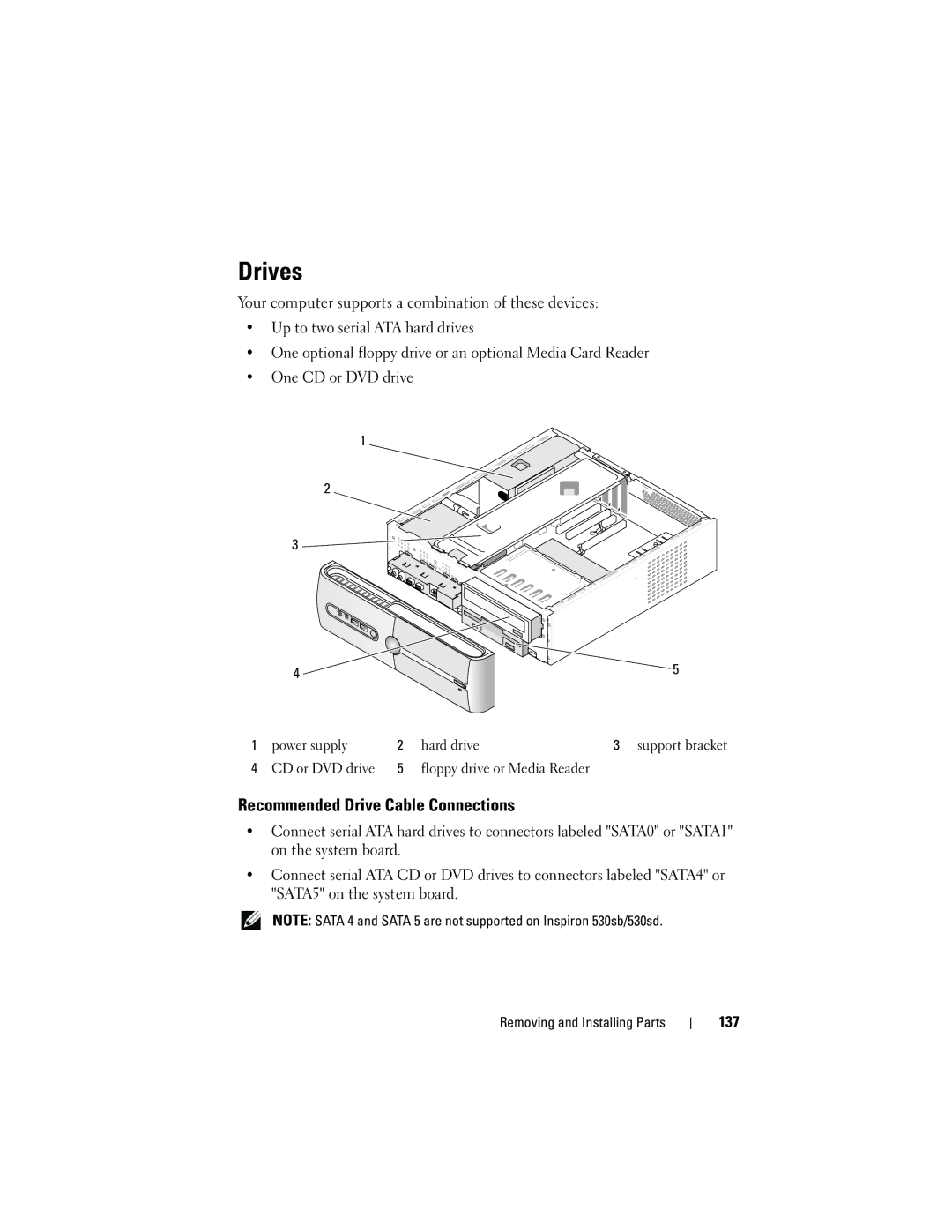 Dell DCSLF owner manual Drives, Recommended Drive Cable Connections, 137 