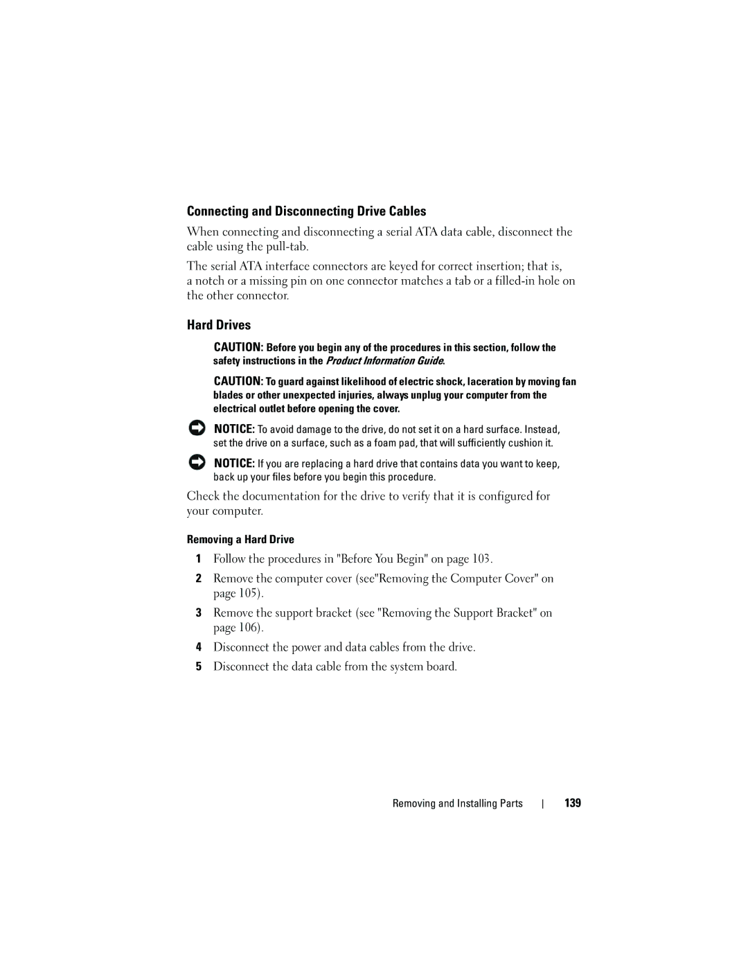 Dell DCSLF owner manual Connecting and Disconnecting Drive Cables, Hard Drives, 139 