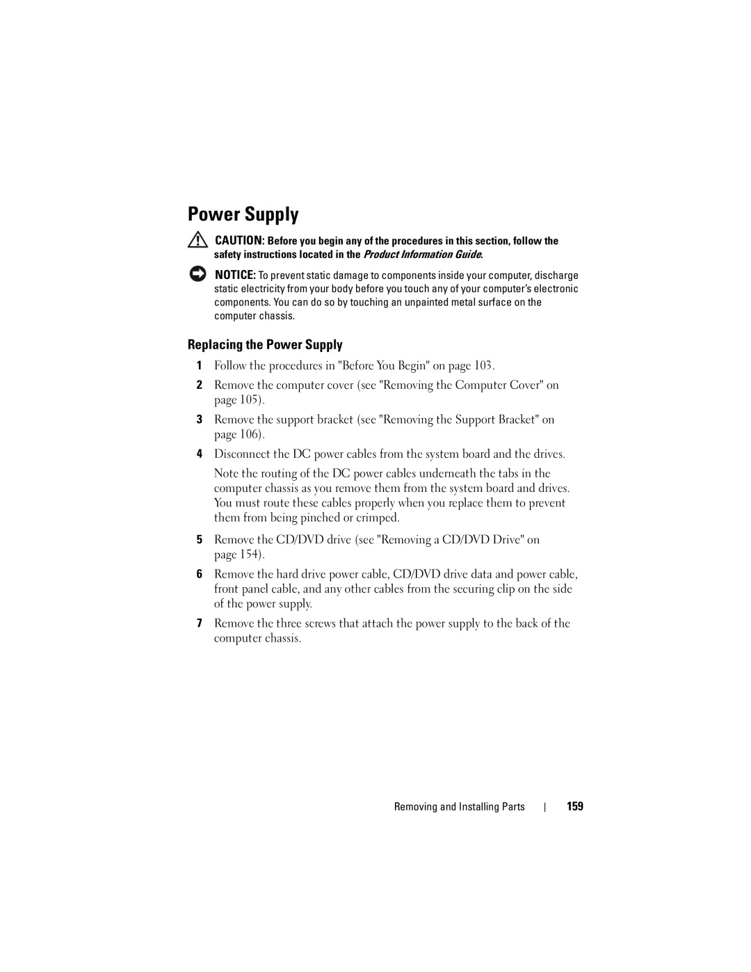 Dell DCSLF owner manual Replacing the Power Supply, 159 