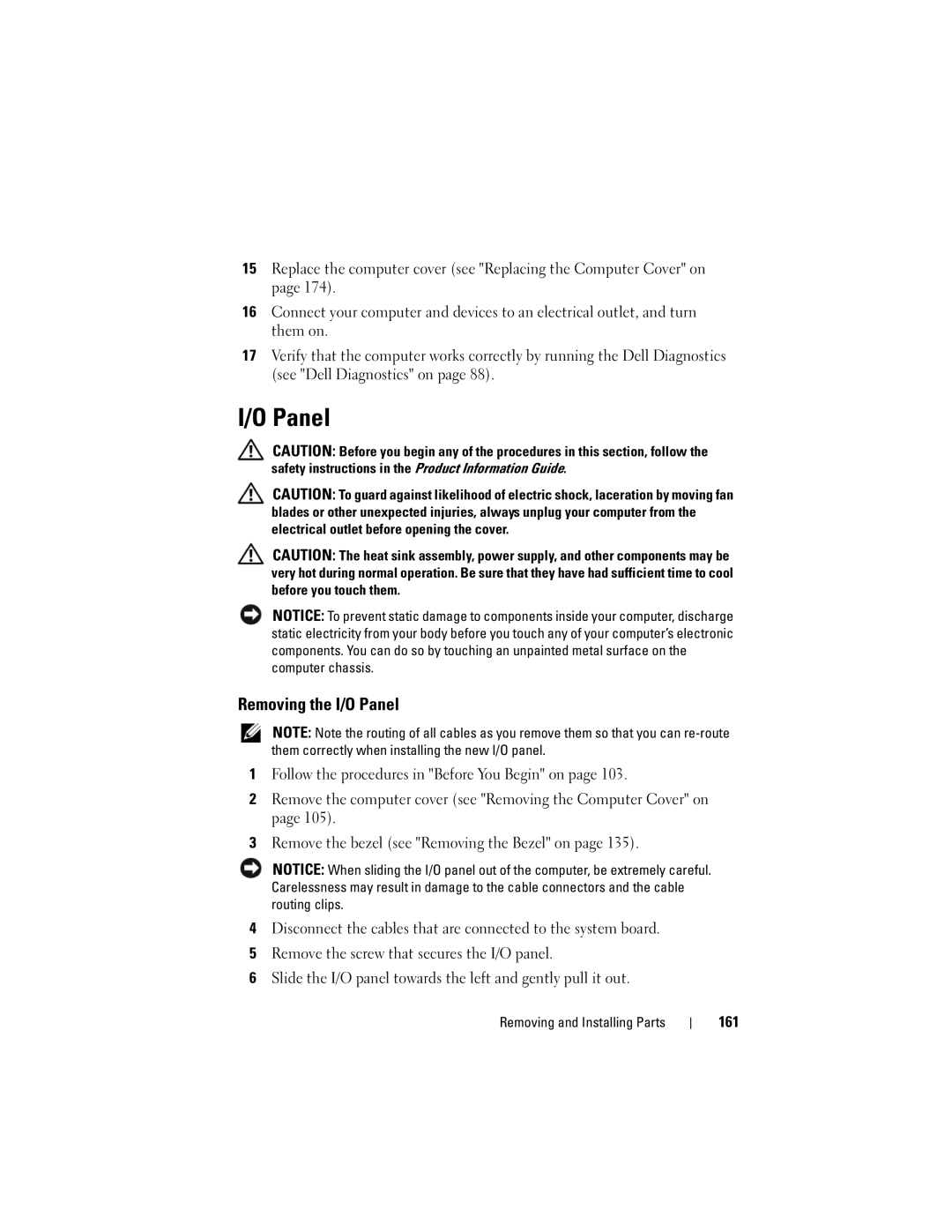 Dell DCSLF owner manual Removing the I/O Panel, 161 