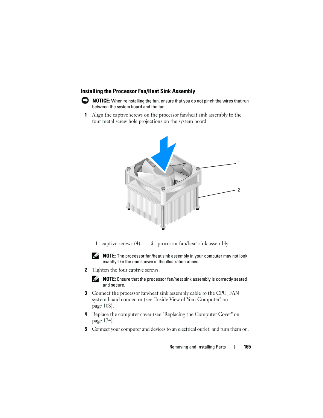 Dell DCSLF owner manual Installing the Processor Fan/Heat Sink Assembly, 165 