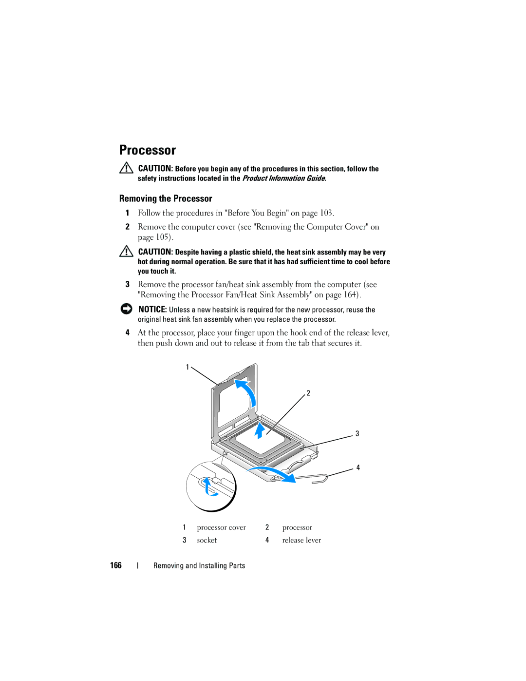 Dell DCSLF owner manual Removing the Processor, 166 