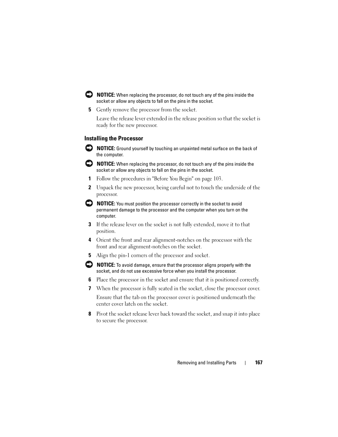 Dell DCSLF owner manual Installing the Processor, 167 