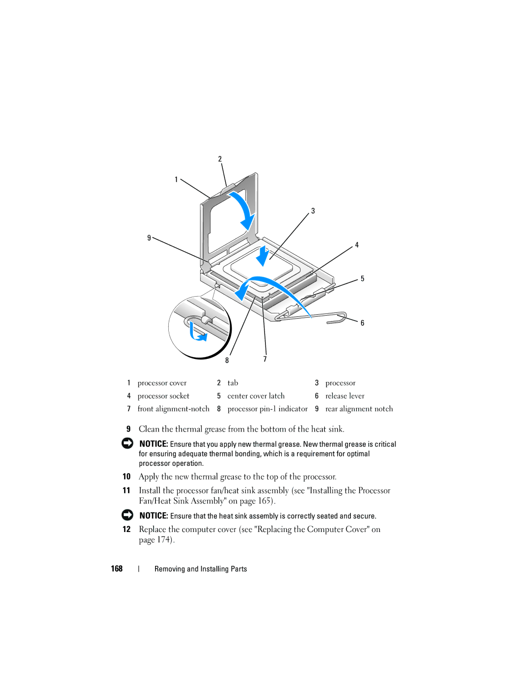 Dell DCSLF owner manual Processor pin-1 indicator Rear alignment notch 