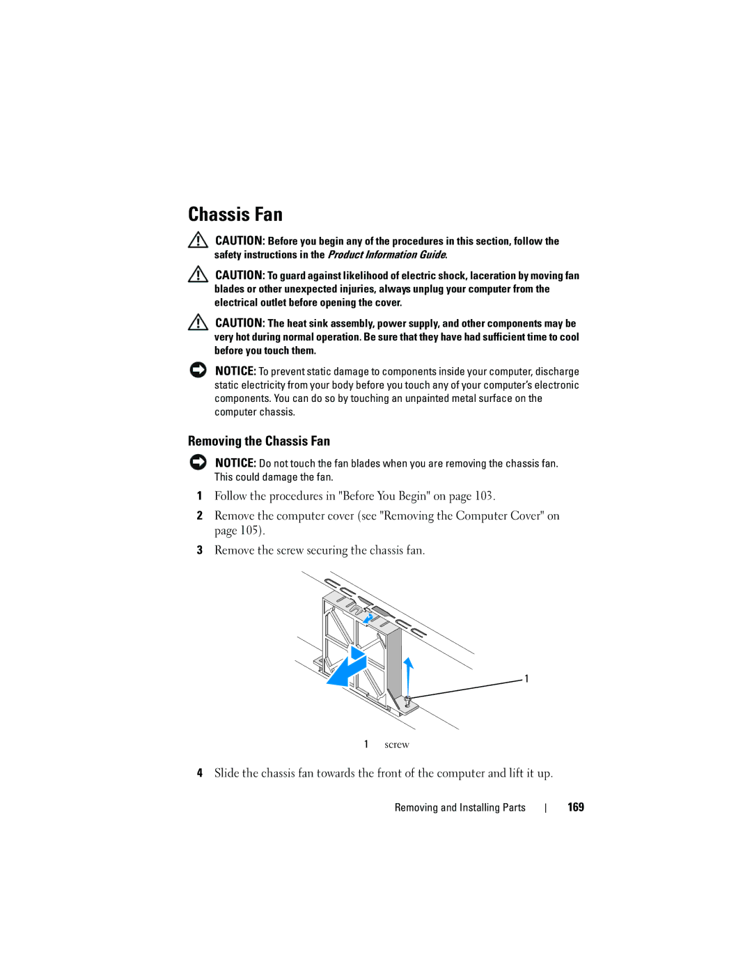 Dell DCSLF owner manual Removing the Chassis Fan, 169 