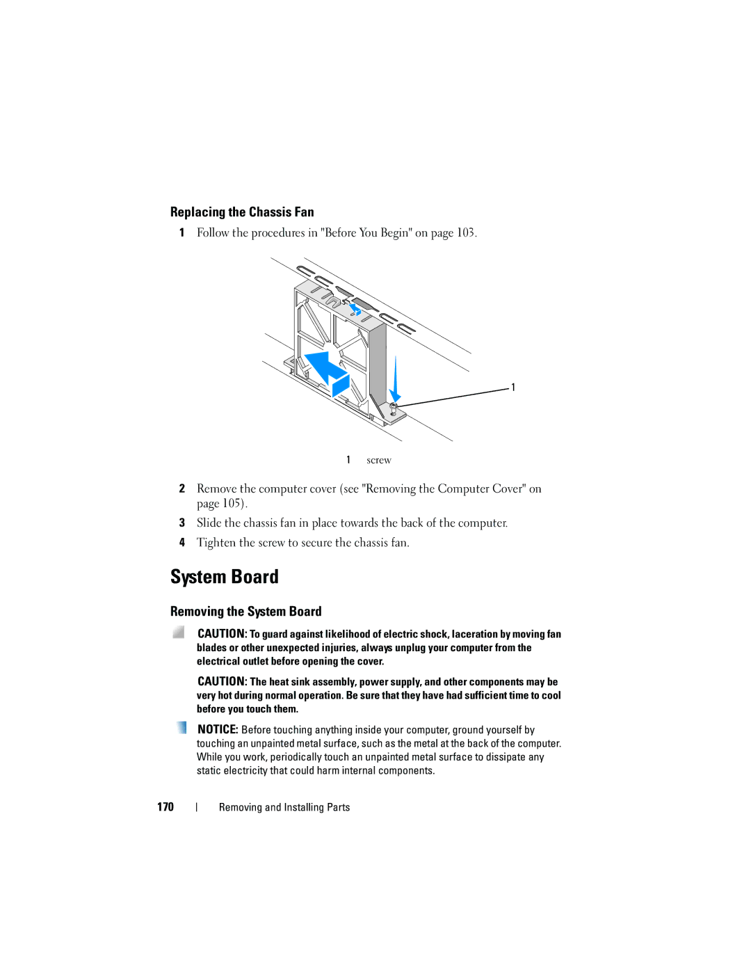 Dell DCSLF owner manual Replacing the Chassis Fan, Removing the System Board, 170 