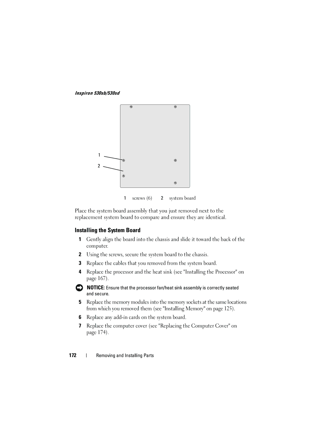 Dell DCSLF owner manual Installing the System Board 