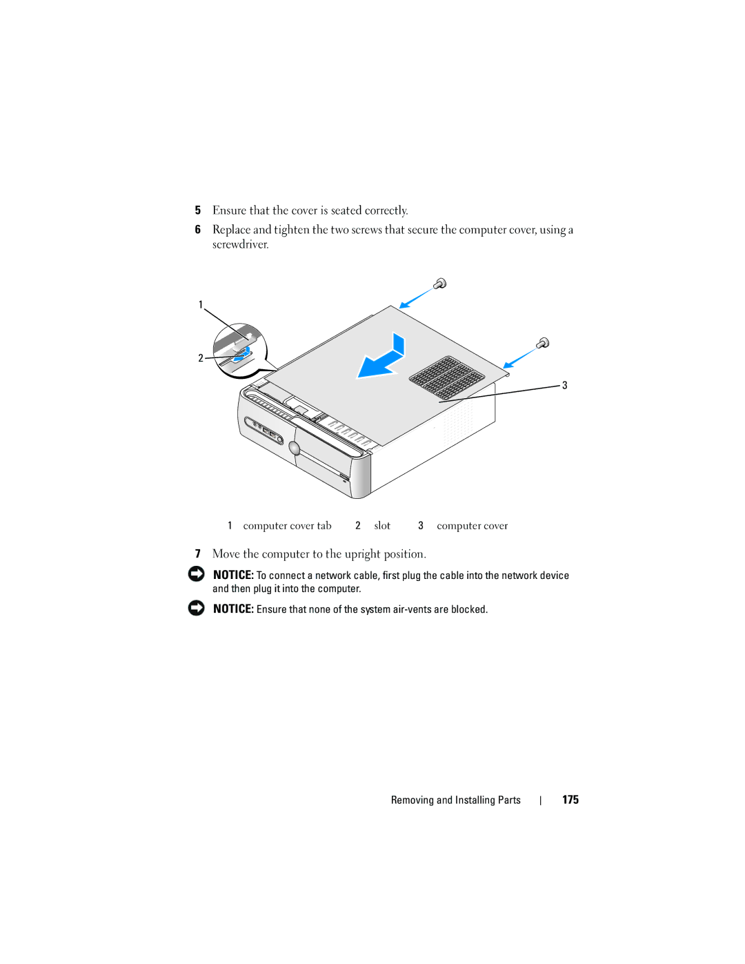 Dell DCSLF owner manual Move the computer to the upright position, 175 