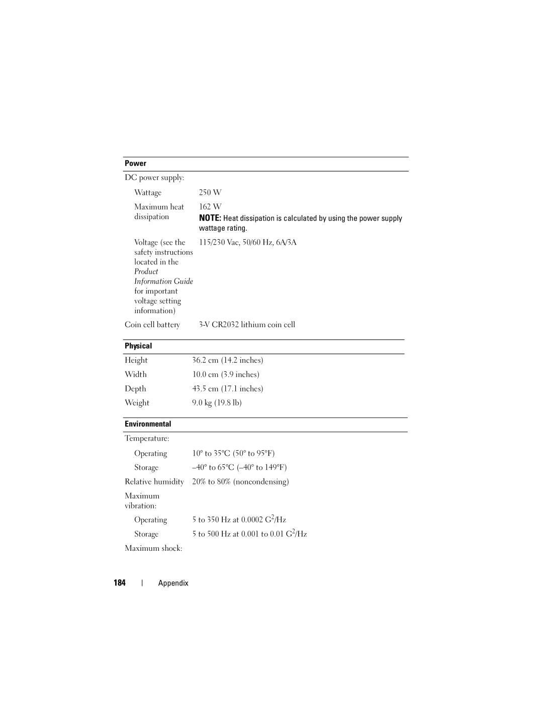 Dell DCSLF owner manual 184, 115/230 Vac, 50/60 Hz, 6A/3A 