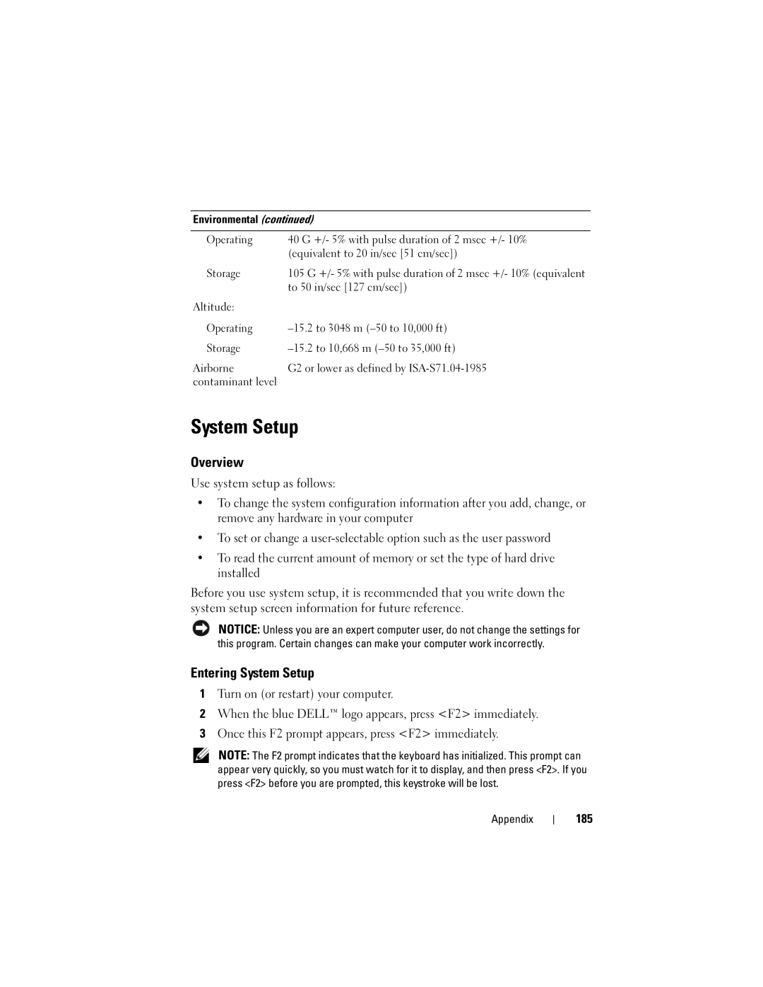 Dell DCSLF owner manual Overview, Entering System Setup, 185 