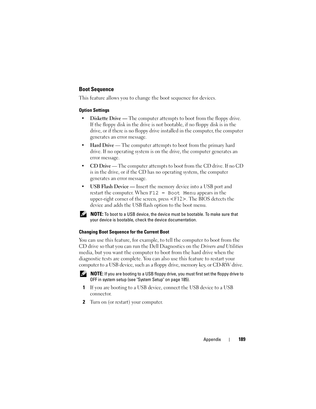 Dell DCSLF owner manual Changing Boot Sequence for the Current Boot, 189 