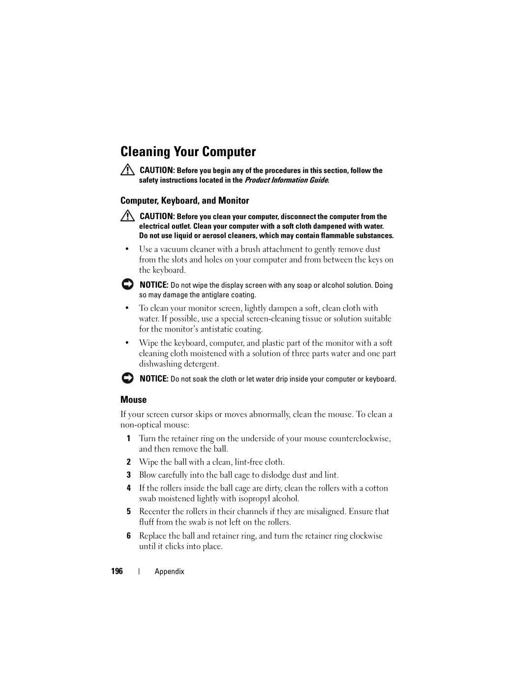 Dell DCSLF owner manual Cleaning Your Computer, Computer, Keyboard, and Monitor, Mouse 