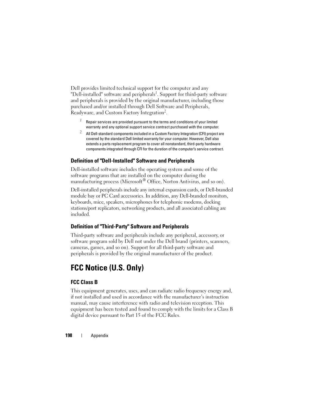 Dell DCSLF owner manual FCC Notice U.S. Only, Definition of Dell-Installed Software and Peripherals, FCC Class B, 198 