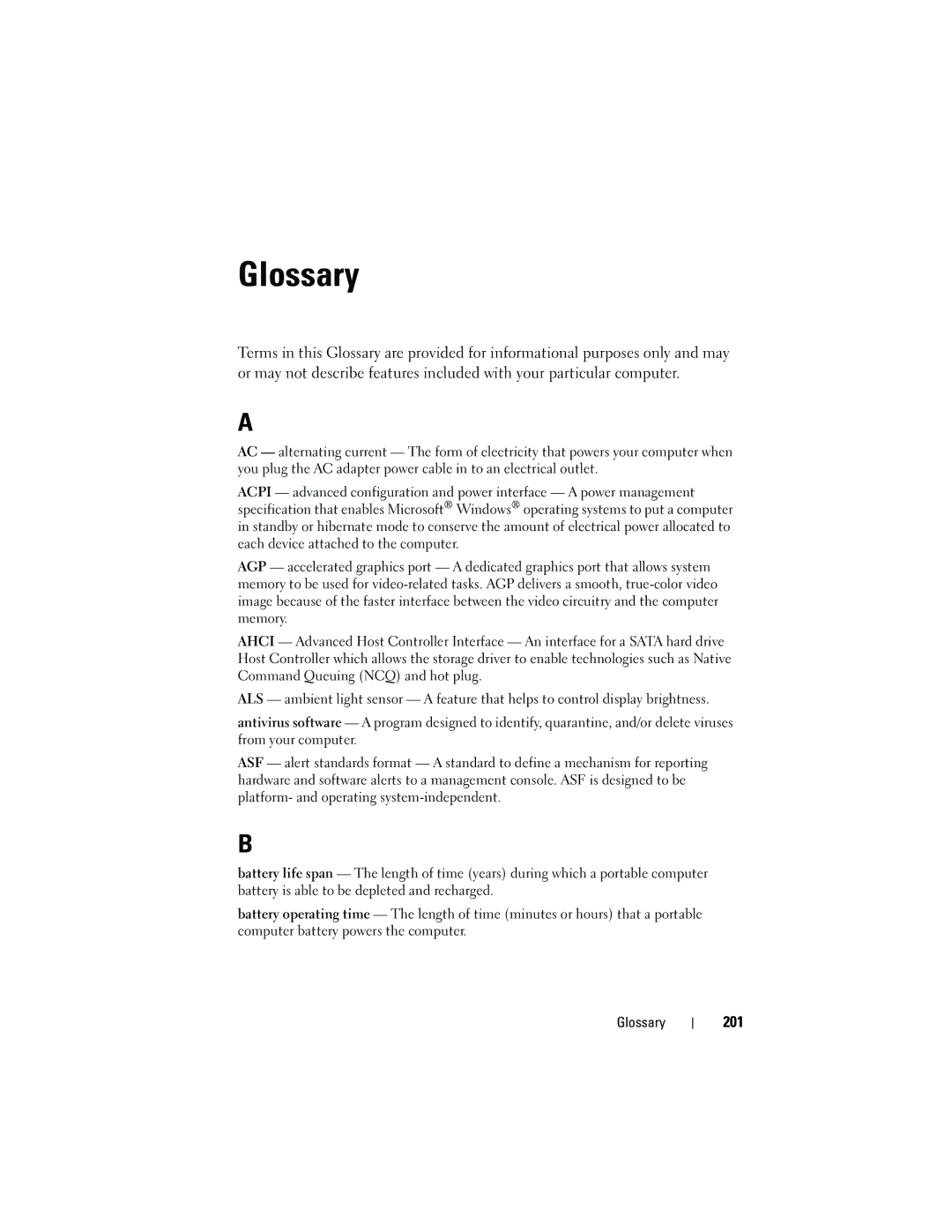 Dell DCSLF owner manual Glossary, 201 