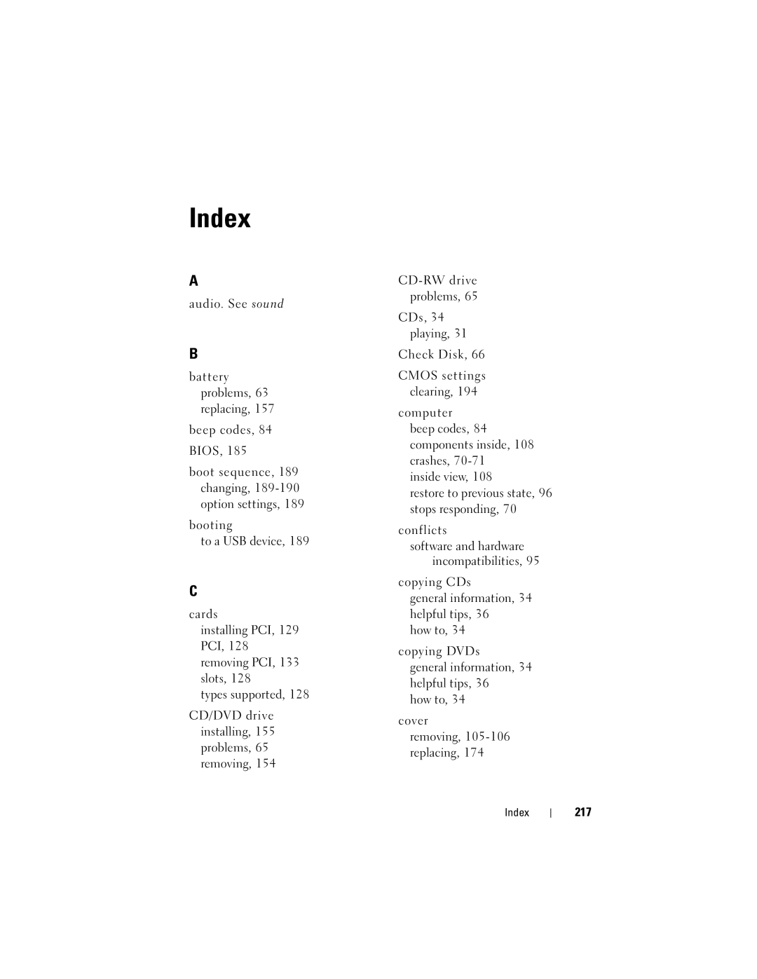 Dell DCSLF owner manual Index, 217 