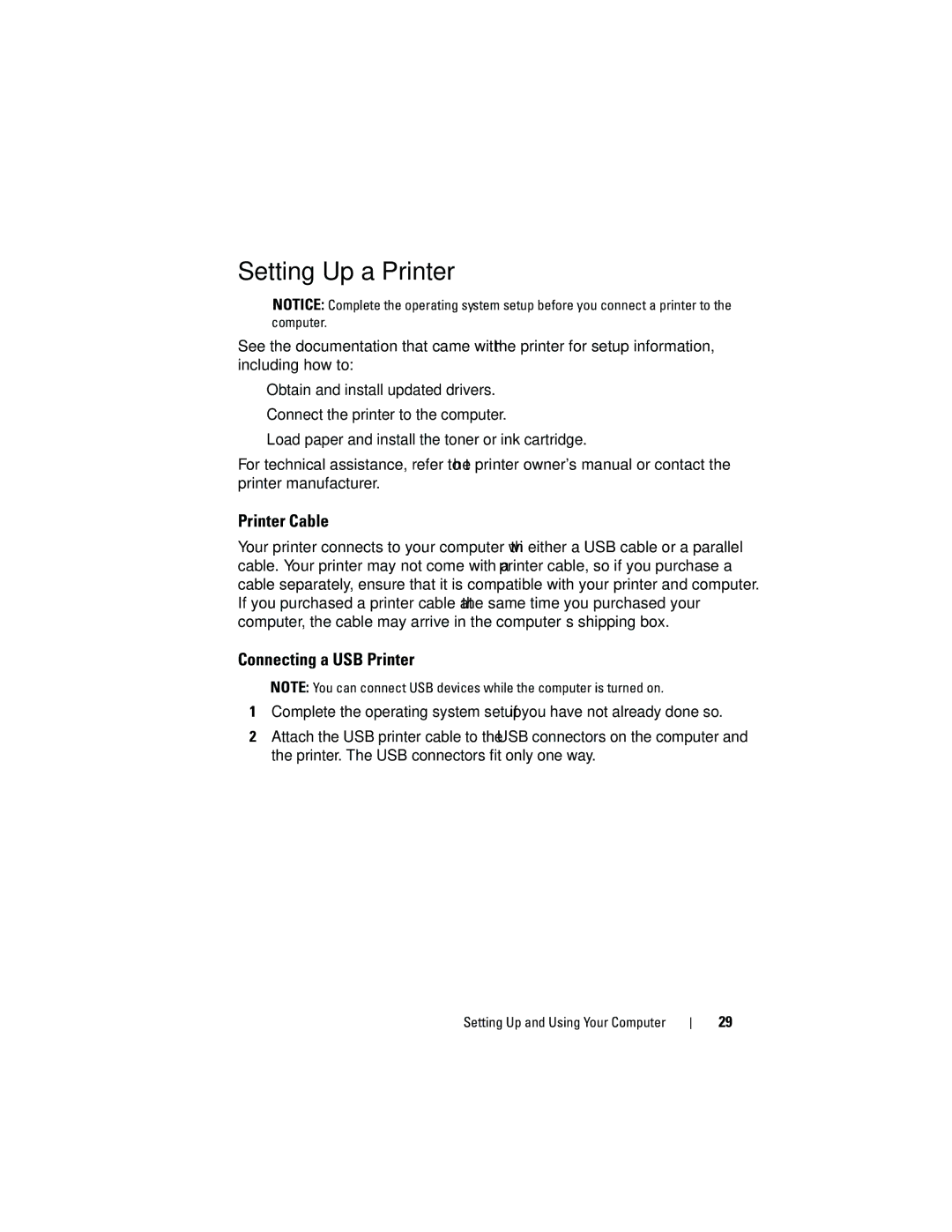 Dell DCSLF owner manual Setting Up a Printer, Printer Cable, Connecting a USB Printer 