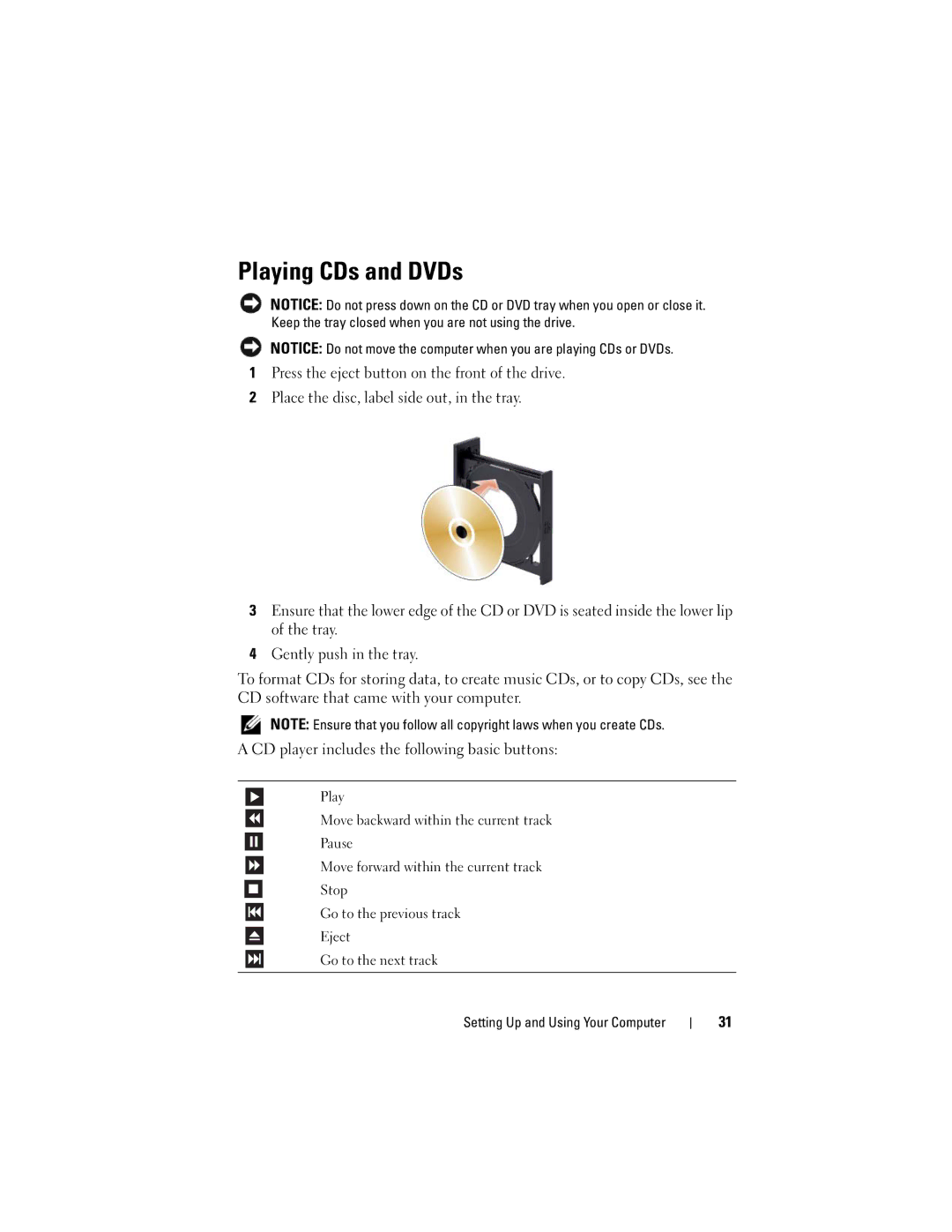 Dell DCSLF owner manual Playing CDs and DVDs 