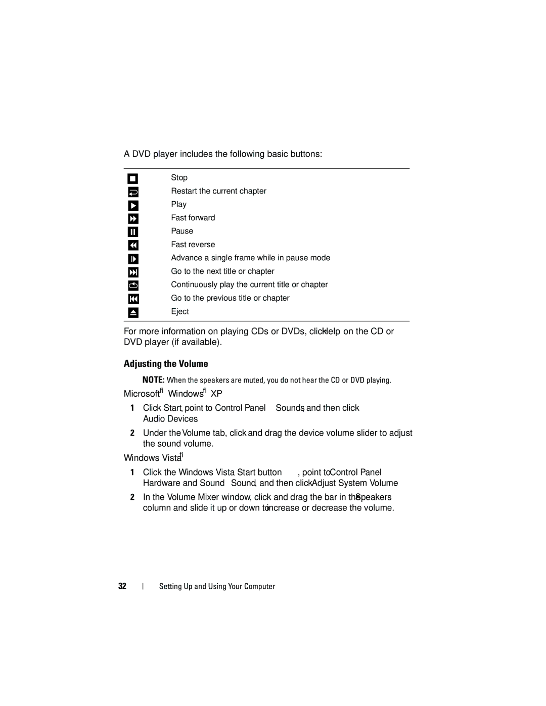 Dell DCSLF owner manual Adjusting the Volume, DVD player includes the following basic buttons 