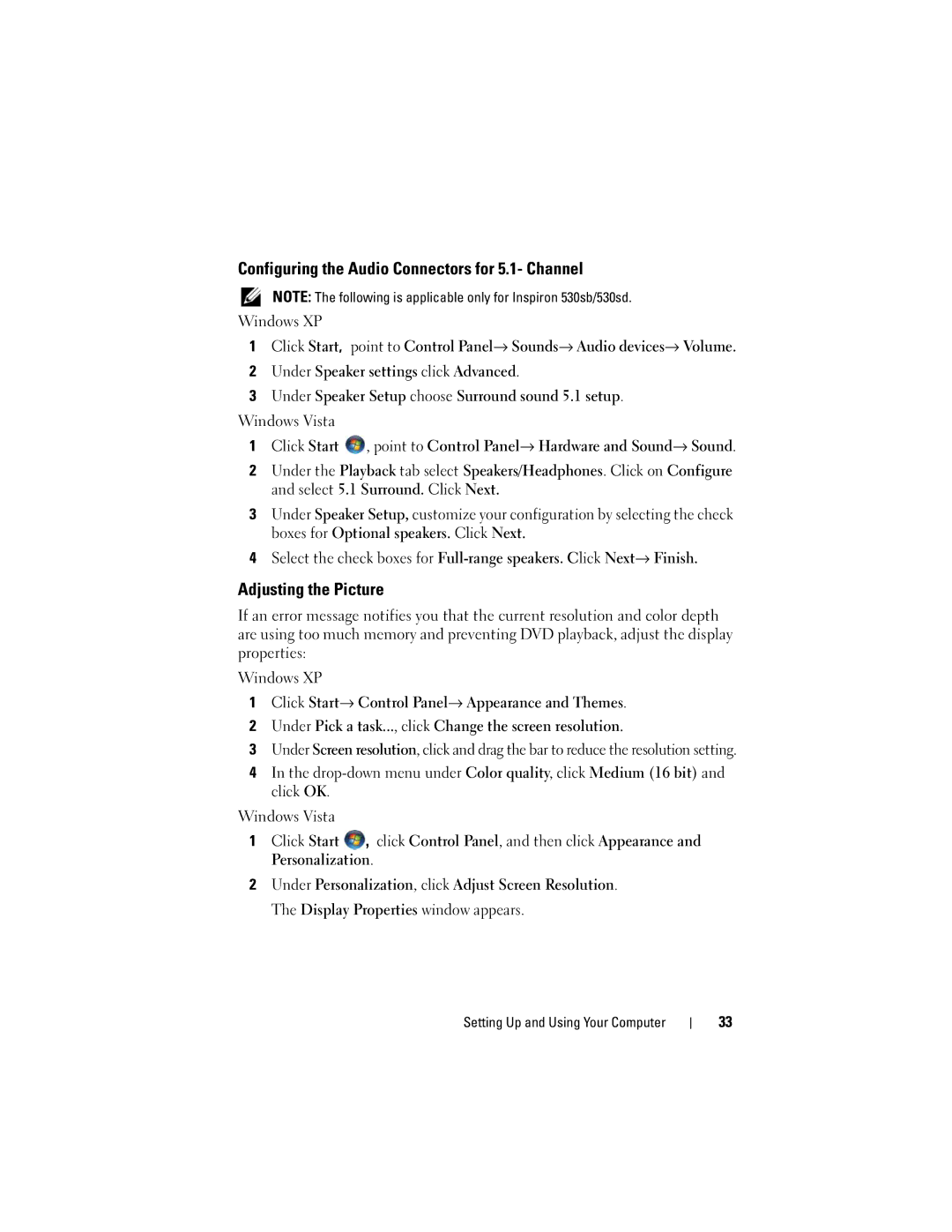 Dell DCSLF owner manual Configuring the Audio Connectors for 5.1- Channel, Adjusting the Picture 