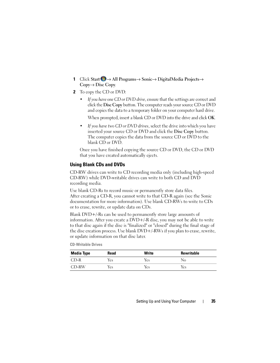 Dell DCSLF owner manual Using Blank CDs and DVDs 