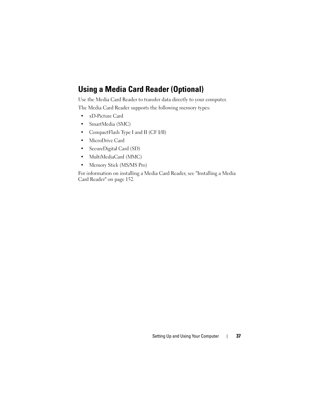 Dell DCSLF owner manual Using a Media Card Reader Optional 