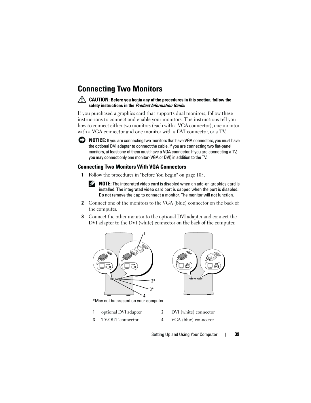 Dell DCSLF owner manual Connecting Two Monitors With VGA Connectors 