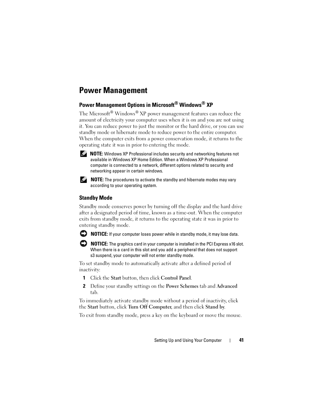 Dell DCSLF owner manual Power Management Options in Microsoft Windows XP, Standby Mode 