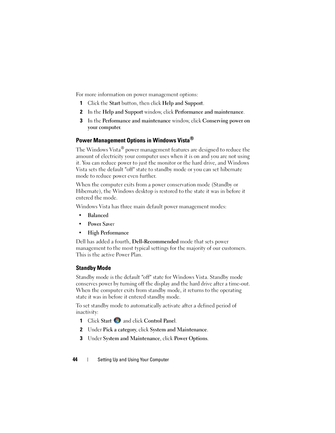 Dell DCSLF owner manual Power Management Options in Windows Vista, Standby Mode 