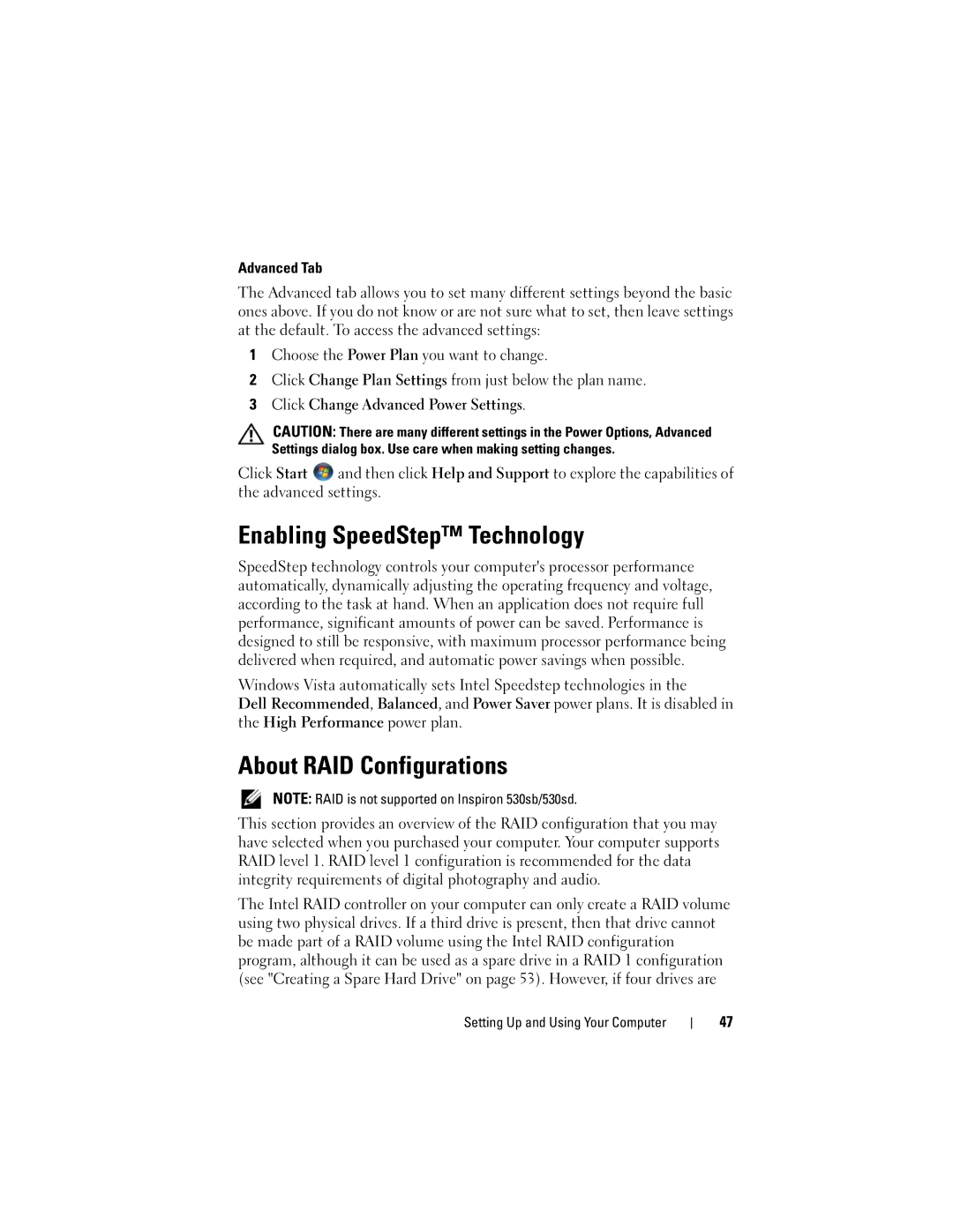 Dell DCSLF owner manual Enabling SpeedStep Technology, About RAID Configurations 