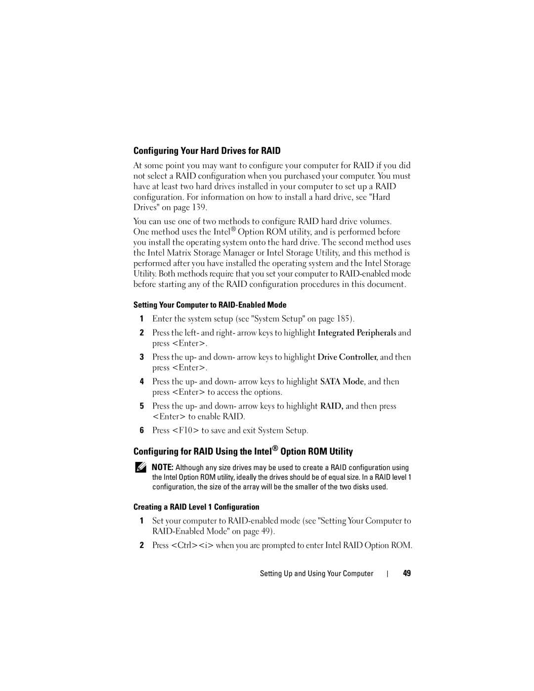 Dell DCSLF owner manual Configuring Your Hard Drives for RAID, Configuring for RAID Using the Intel Option ROM Utility 