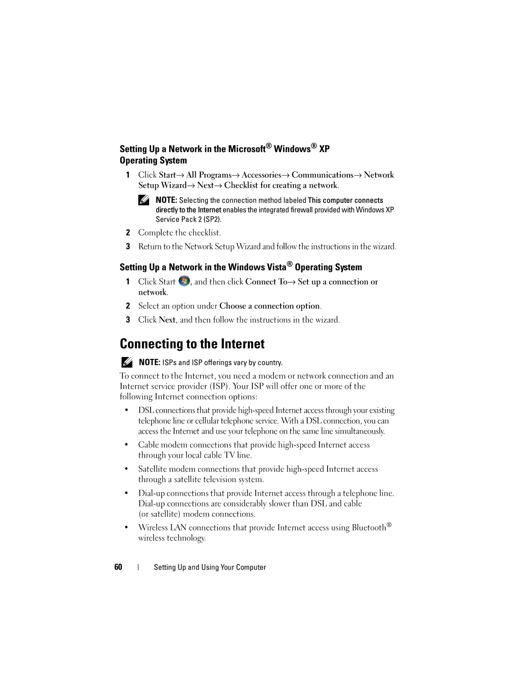 Dell DCSLF owner manual Connecting to the Internet, Setting Up a Network in the Windows Vista Operating System 