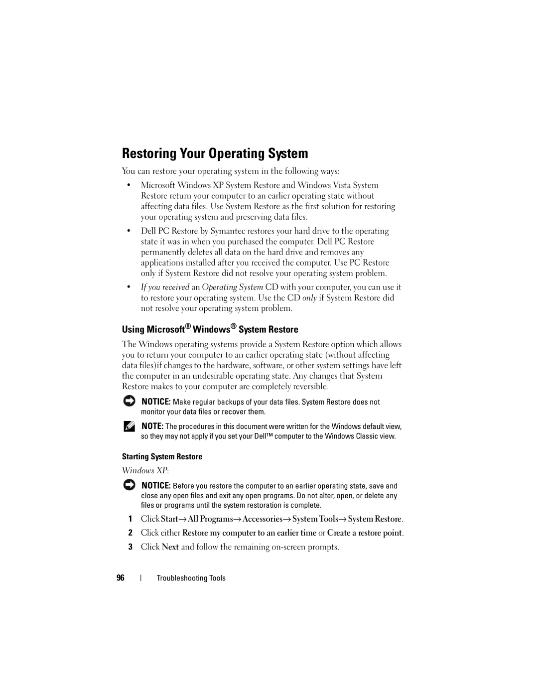 Dell DCSLF owner manual Restoring Your Operating System, Using Microsoft Windows System Restore 