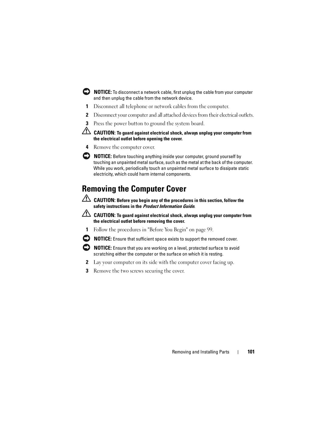 Dell DCSLF manual Removing the Computer Cover, 101 